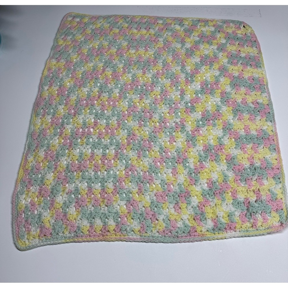 Vtg Crochet Afghan Yellow‎ Multi-Color Lap Baby Blanket Handmade Throw 34" X 30"